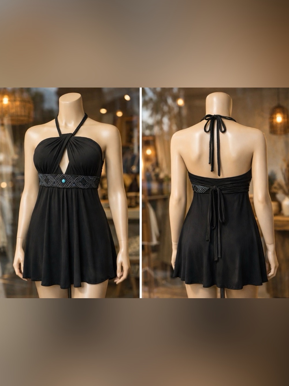 Black Keyhole Halter Dress Crocheted Turquoise Stone Empress Belt Embellishment - Picture 6 of 7